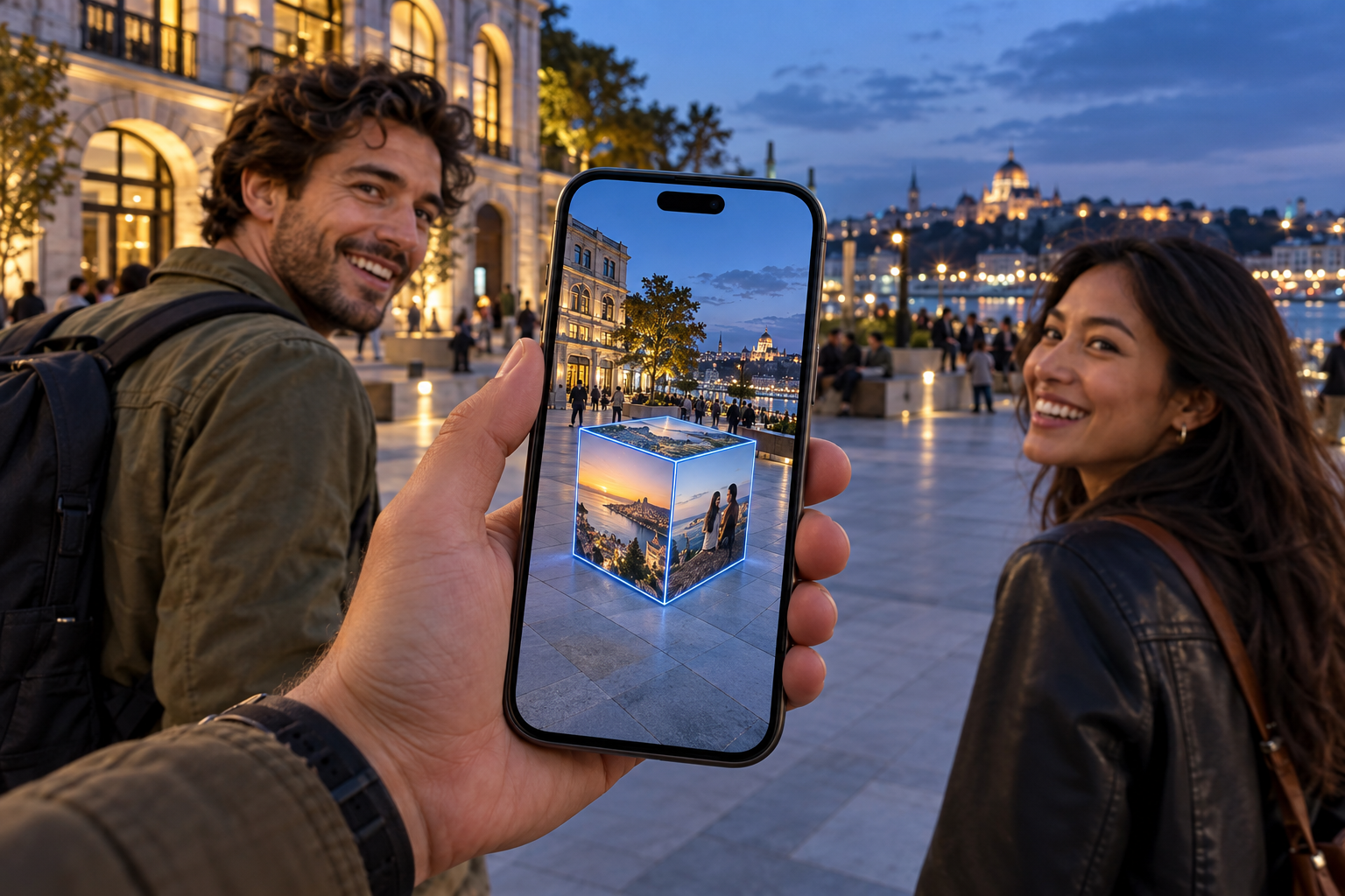 Concept image of friends exploring a city plaza, with an AR photo cube visible on a phone screen.