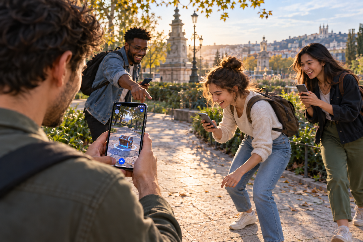 Concept image of four friends actively playing an outdoor scavenger hunt, pointing out a discovery and scanning an AR treasure chest with their phones.